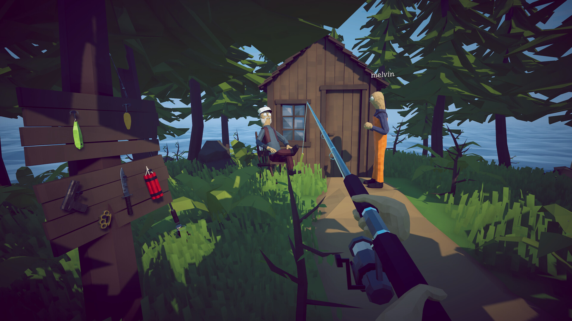 How to Fish gameplay scene with a fishing rod, equipment board and island characters